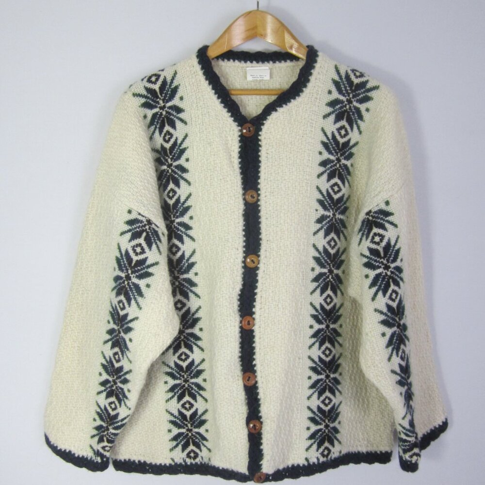 Yarina Ecuador Unisex L Ivory Navy Wool Cardigan Sweater Snowflake 50" Coat